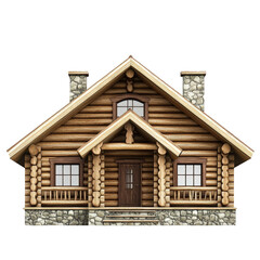 Cozy rustic log cabin house with stone foundation and chimney, wooden porch, detailed architecture, traditional design, architectural visualization