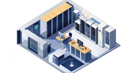 Fototapeta premium Isometric view of a modern data center interior with servers, networking equipment, and workstations.