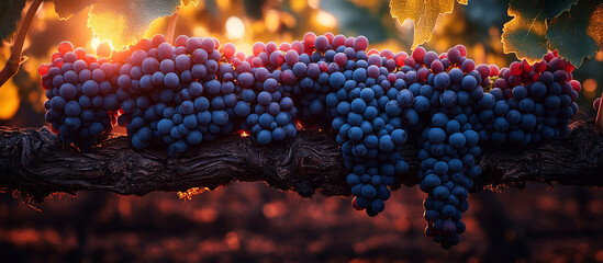 Clusters of ripe purple grapes on a vine at sunset.