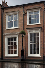 Naklejka premium Brick Facade Residential Building: Architectural Heritage with Contemporary Style in City Living Streetscape