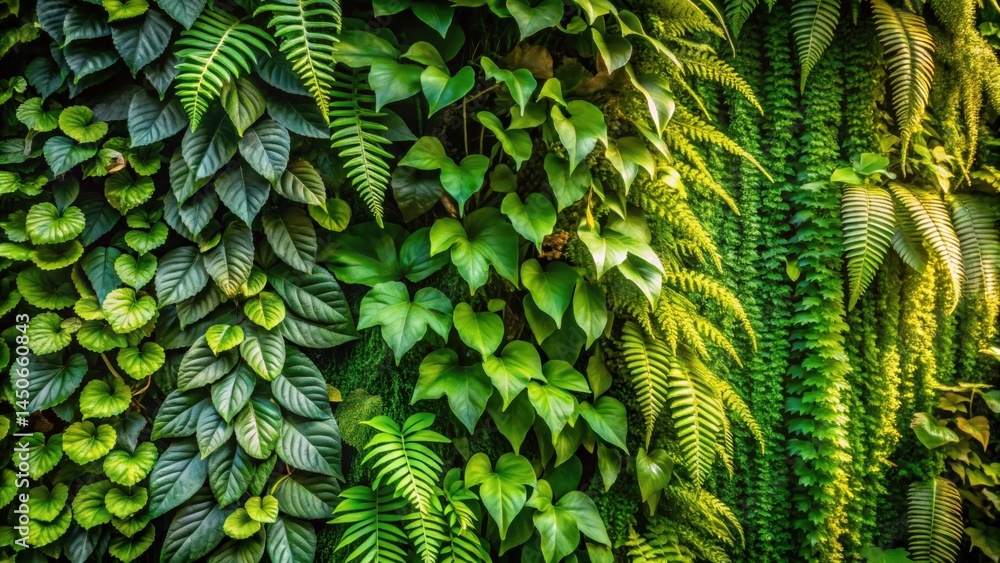 Poster A verdant tapestry of lush greenery, showcasing a diverse array of leaves and ferns, creating a vibrant and natural wall of foliage.