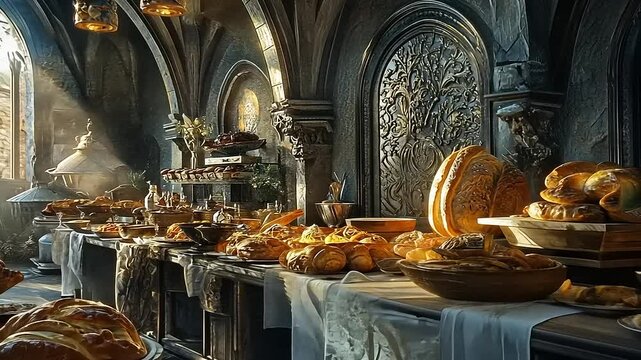 A lavish medieval banquet scene showcasing an array of freshly baked breads and pastries in a grand hall
