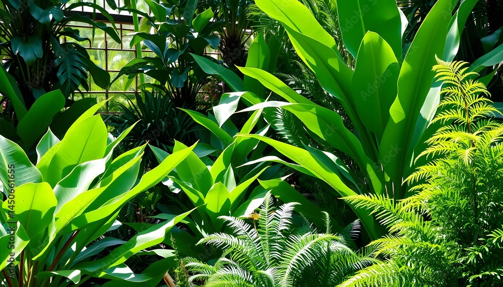 Poster lush greenery abounds in this botanical garden, sunlight streams through the leaves, ferns add textu