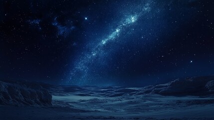 A desert scene at night. The Milky Way shines brightly over the sand. It shows how big and lonely the desert is.
