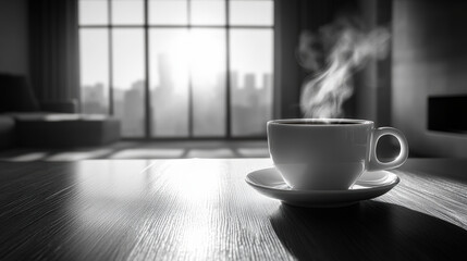A steaming cup of coffee sits on a wooden table near a window overlooking a city skyline