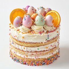 Easter cake with colorful eggs, orange slices, and sprinkles on white background