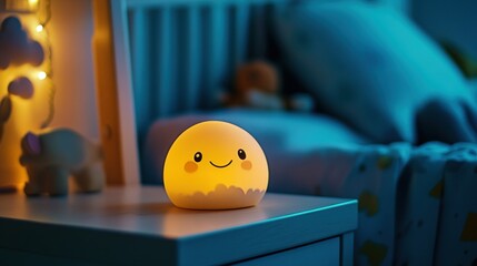 Smiling, glowing nightlight on a bedside table.