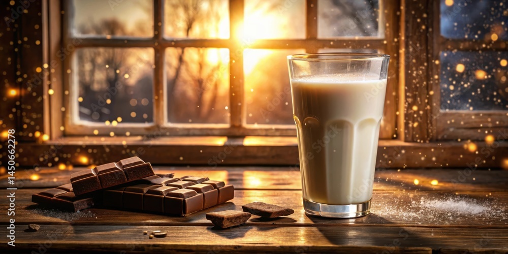 Poster a glass of milk and chocolate on a wooden table with a window in the background and a warm sunset gl