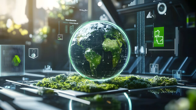 Corporate executives analyzing ESG goals on a holographic Earth, surrounded by green technology and governance icons
