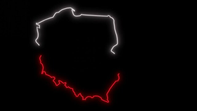 Poland outline map  with neon flag colors 4k animation