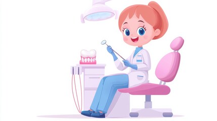 Cheerful Female Dentist Preparing for an Appointment in a Colorful Dental Clinic