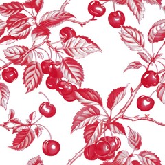 Red toile de jouy cherry tile as seamless repeating pattern 1