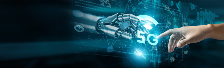 A hand touches the 5G technology network, connecting smart devices, seamless communication, faster data transfer, real-time applications, global connectivity, and advanced network expansion.