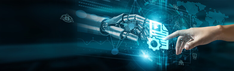A hand touches the content management network, connecting the content repository, user interface,...