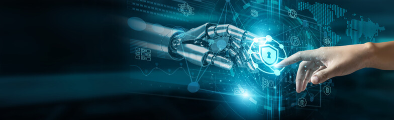 A hand touches the network security network, connecting firewalls, intrusion detection, data encryption, endpoint security, access control, network monitoring, incident response, and security policies