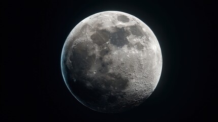 Obraz premium Close-up view of the moon's surface, showcasing its craters and texture against a dark background. The grays and whites of the moon's surface create a striking contrast against the black backdrop.