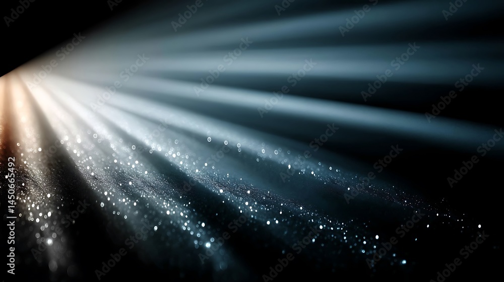 Poster light beam radiating gleaming bokeh dots on dark surface abstract background