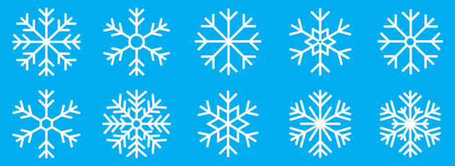 Hand drawn White snowflake doodle vector icon collection on blue background. winter snow symbol. Big set of linear snowflake icons. Blue Snowflakes icon Set, Christmas Snowflake Silhouette. 