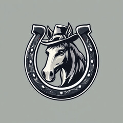 A striking illustration of a horse's head with a cowboy hat, framed by a horseshoe, symbolizing luck and western culture in a bold graphic style.