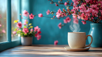 A steaming cup of coffee sits on a wooden windowsill, adorned with pink blossoms and a blue wall