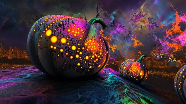 Glowing halloween pumpkins in vibrant cosmic landscape with eerie atmosphere