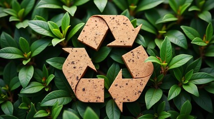 Cork Recycling Symbol Amidst Green Foliage, Nature Graphic, Eco-Friendly Environment, Upcycling Concept