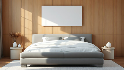 Modern Minimalist Bedroom Interior Design with Gray Bed and Blank Canvas