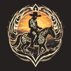 A striking silhouette of a cowboy riding a horse against a vibrant sunset, embodying the spirit of the Wild West and the adventure of the open plains.