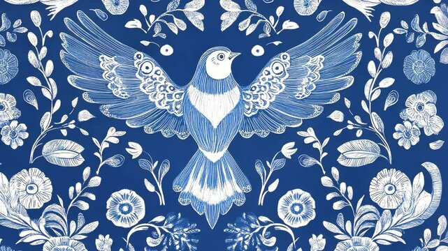 Seamless blue and white bird motif with vibrant floral patterns