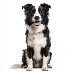 Fototapeta premium A Border Collie sitting attentively in front of the camera, showcasing its striking black and white fur, isolated against a clean white background