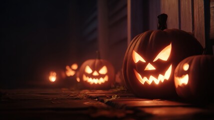 Fototapeta premium Spooky jack-o'-lanterns glow ominously in the dark, creating a haunting Halloween scene.