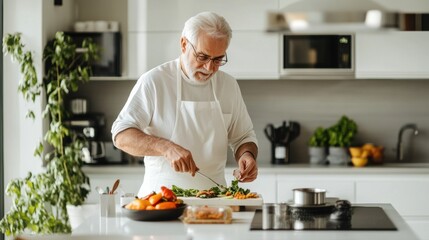 Mature man preparing food in a modern kitchen.