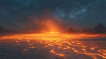 Naklejka premium Vast, fiery expanse of a celestial lava field at night.