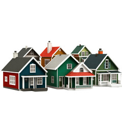 Collection of colorful miniature model houses in various designs and colors, perfect for architecture, real estate, or home improvement concepts, isolated on white background