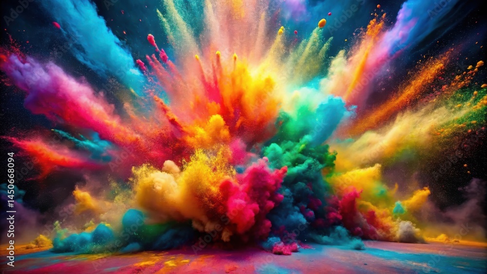 Aufkleber A vibrant explosion of colorful powder erupts against a dark background, creating a mesmerizing spectacle of swirling hues and dynamic energy.