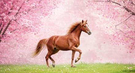Majestic horse in vibrant blossom landscape for spring decor