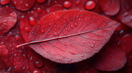 Fototapeta premium A single red leaf with prominent veins and water droplets, nestled among scattered red leaves and water droplets