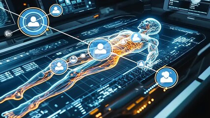 Futuristic medical examination of a human body with digital overlays in a high-tech lab environment - Powered by Adobe