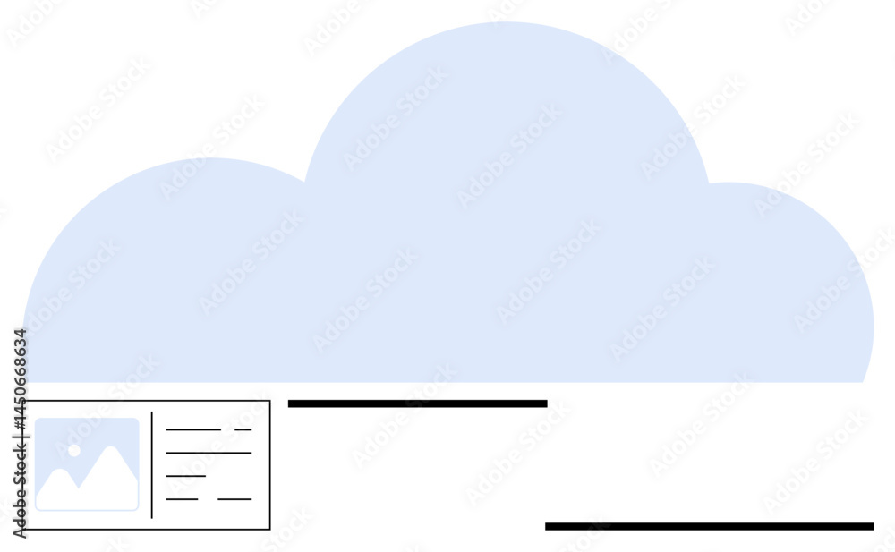 Poster large cloud graphic in soft blue with small document blocks and lines, representing technology, data