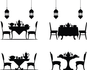 Silhouette Set of Traditional Iftar Table with Food and Teapot – Clean Black Vector Design on White Background