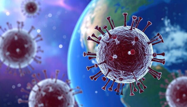 A detailed illustration of a coronavirus particle prominently positioned at the center of a vibrant Earth, showcasing continents and oceans surrounding it. - Powered by Adobe