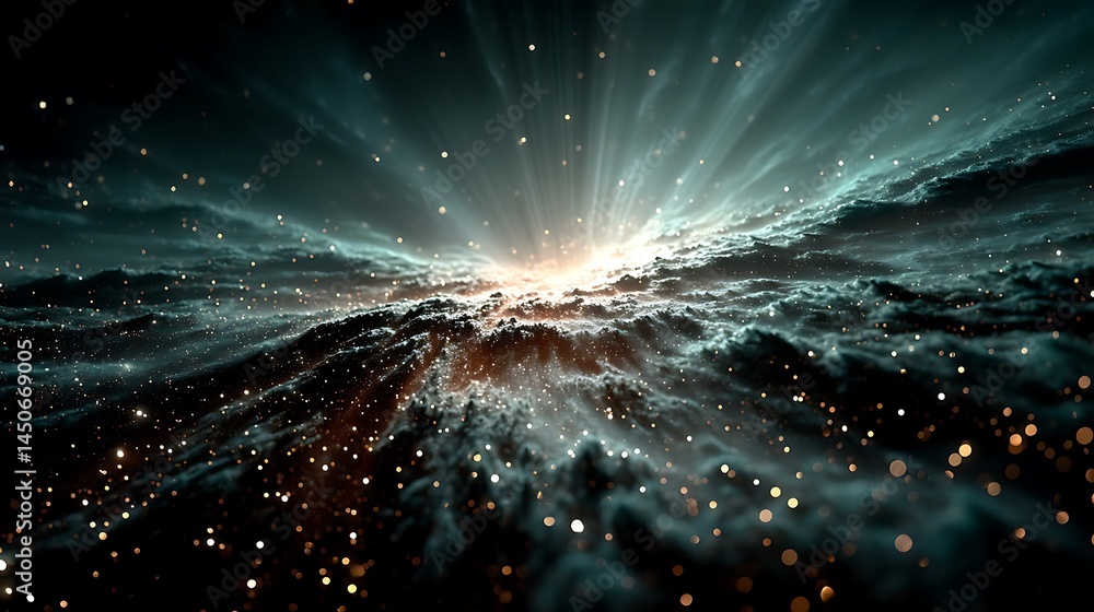 Poster luminous clouds with sparkling golden lights abstract nebula sky background