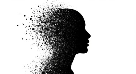 Disintegrating Silhouette: Abstract Concept of Loss and Mental Health,  Profile View of a Woman Falling Apart, Black and White Illustration