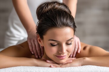 Fototapeta premium Serene Escape: A radiant person experiences pure bliss during a tranquil massage, evoking feelings of serenity and renewal, ideal for wellness, relaxation, and spa-themed projects.