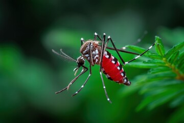 Fototapeta premium Close-up view of a mosquito feeding on plant nectar in a lush green setting