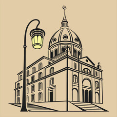 Elegant Line Art of Historic Mosque with Street Lamp.