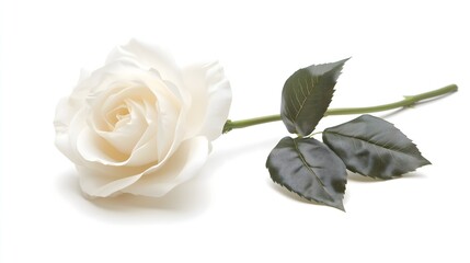 Elegant white rose with green leaves rests against pure white background