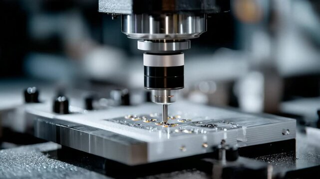 Close up view of a CNC milling machine precisely machining a metallic workpiece. The dark grey machine and metallic surface are highlighted, with cool lighting.