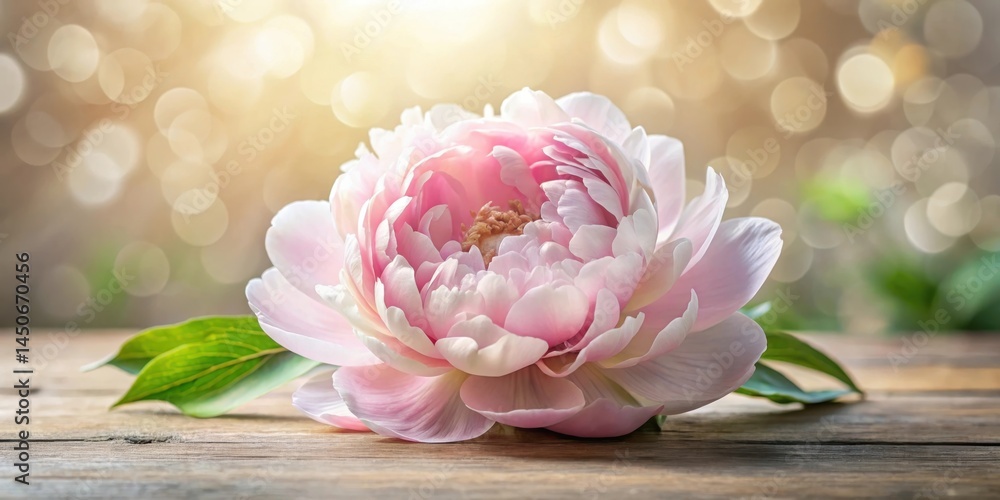 Poster a single pink peony blossom with delicate petals rests on a weathered wooden surface, bathed in soft