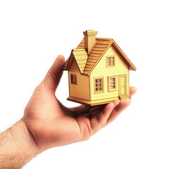 Hand holding a detailed miniature model of a classic two story house with chimney and dormer , symbolizing real estate or homeownership concepts
